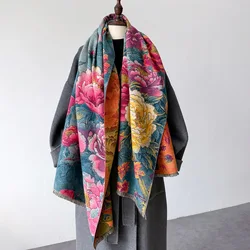 Bufanda de Cachemira cálida para mujer, chal con estampado Floral, manta gruesa de lujo, Pashmina de invierno, Poncho de viaje femenino, estolas