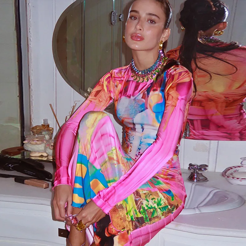 

Новое весеннее женское платье 2026 года с длинным рукавом, воротником-стойкой, миди-юбкой, универсальное, модное, с принтом, высокоэластичное, для повседневной носки