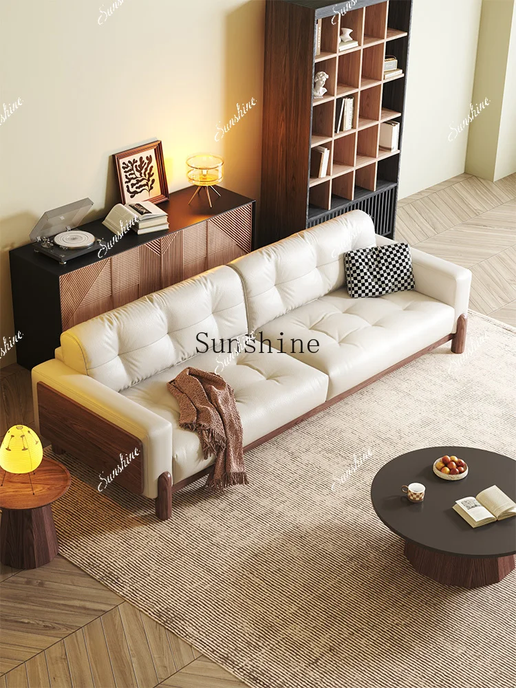 Black first layer cowhide living room small apartment retro wind cloud tofu block solid wood sofa  FT