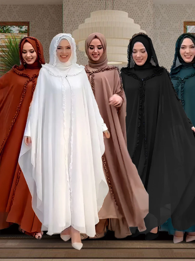 Eid Muslim Party Hoody Dress Women 2 Piece Chiffon Ramadan Abaya Hooded with Cloak Kaftan Vestidos Largos Robe Jalabiya 2024