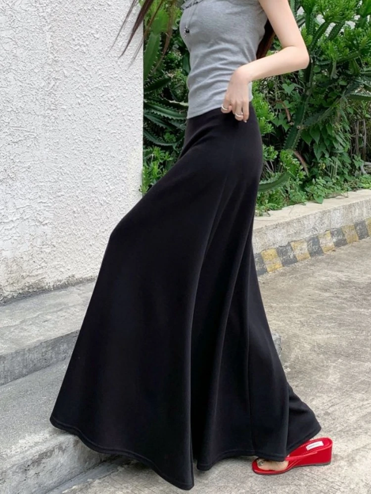 Qiukichonson Grey Black Long Skirts Womens Knitted Skirt 2025 Spring Autumn Korean Goth High Waisted Ruffle Pleated Skirts rok