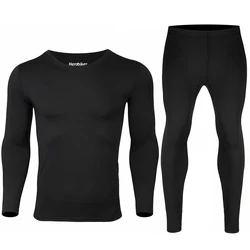 Winter Men Thermal Underwear Set Motorcycle Jacket Skiing Suit Warm Fleece-lined Warm Panels Long Johns Top & Bottom Set Black