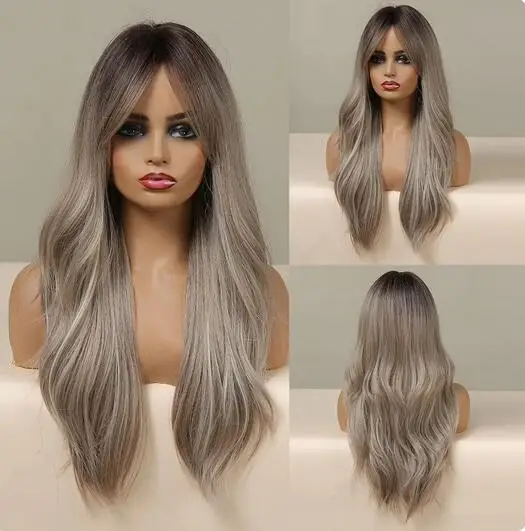 

Long Wavy Synthetic Wig Brown Blonde Ombre Wigs With Dark Roots Natural Hair Heat Resistant Daily Cosplay Use Wigs for Women