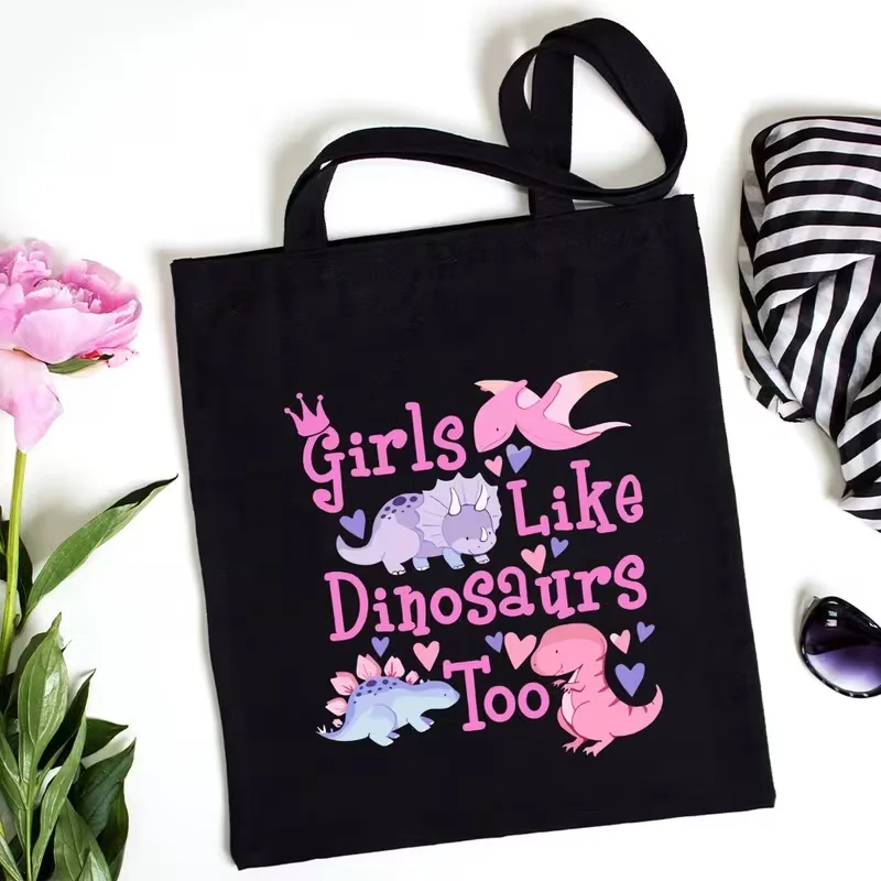 حقيبة يد كبيرة الحجم لمحبي الديناصورات مع فتاة فقط تحب طباعة الديناصورات للتسوق والسفر والحفلات