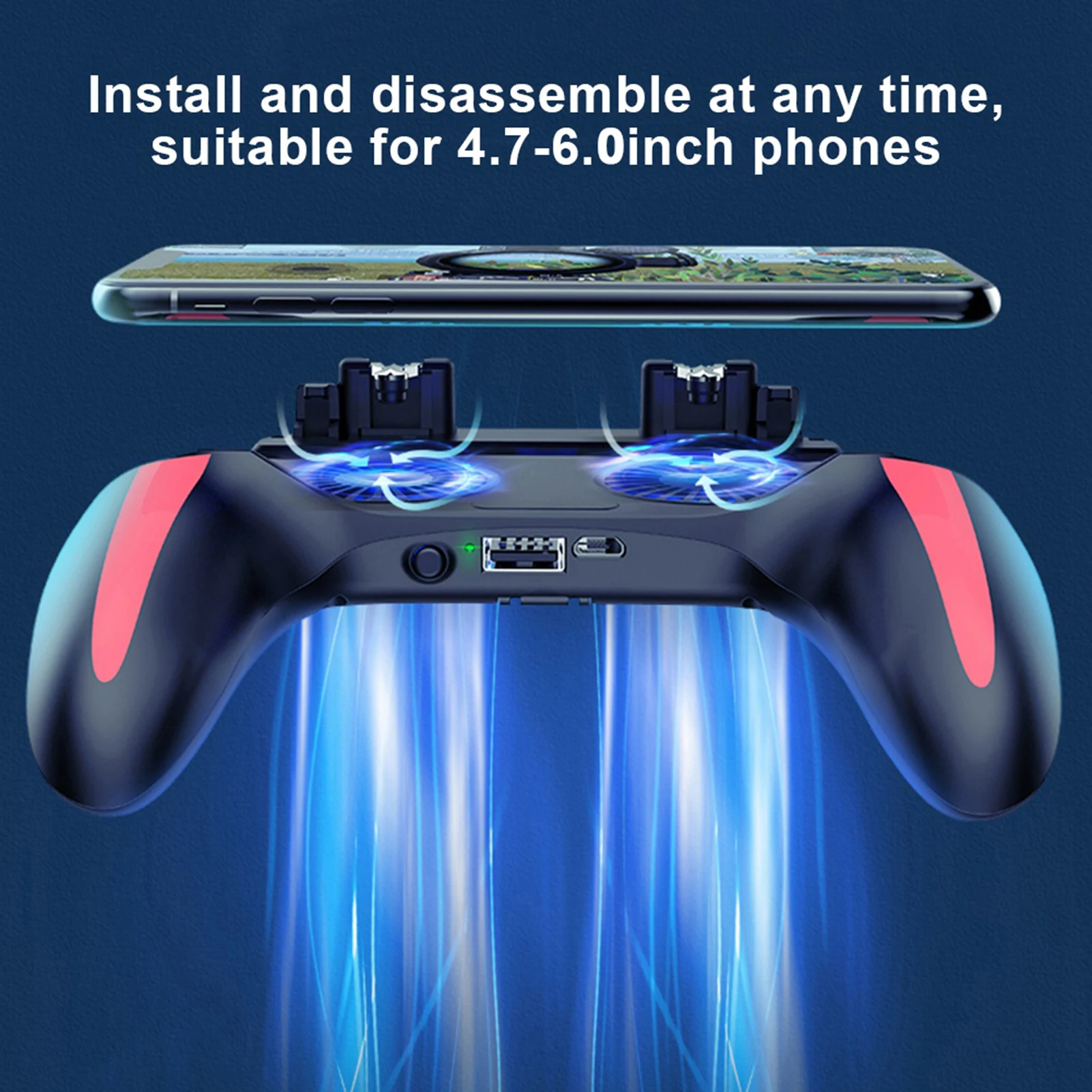 Gamepad for Smartphone Dual Cooling Fans Mobile Phone Game Controller Gamepad with 2500mAh/5000mAh Battery Game Auxiliary Key