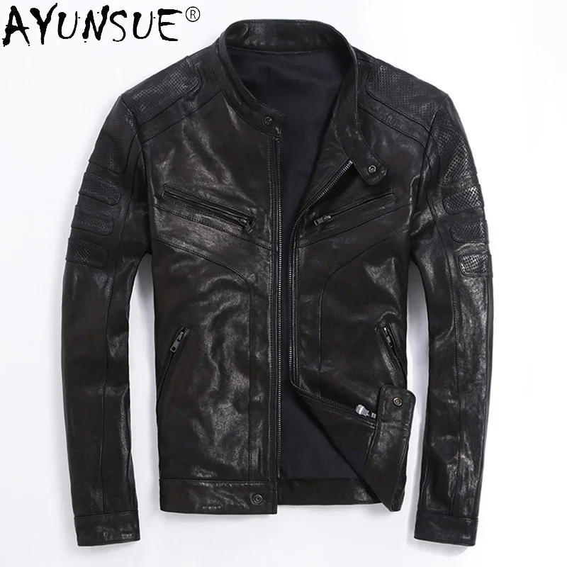 Vintage Real Leather Jacket Men Natural Sheepskin Coat Spring Autumn Biker Motorcycle Jackets Chamarra Hombre KJ