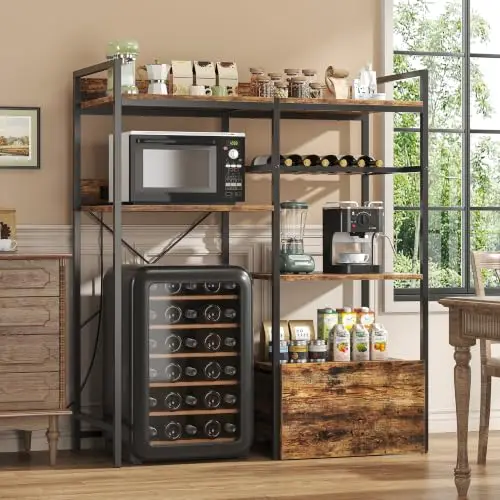 Mini Fridge Microwave Combo Stand Cabinet Shelf | Large Bakers Rack with Power Outlet, Wine Rack & Rolling Drawer, Mini