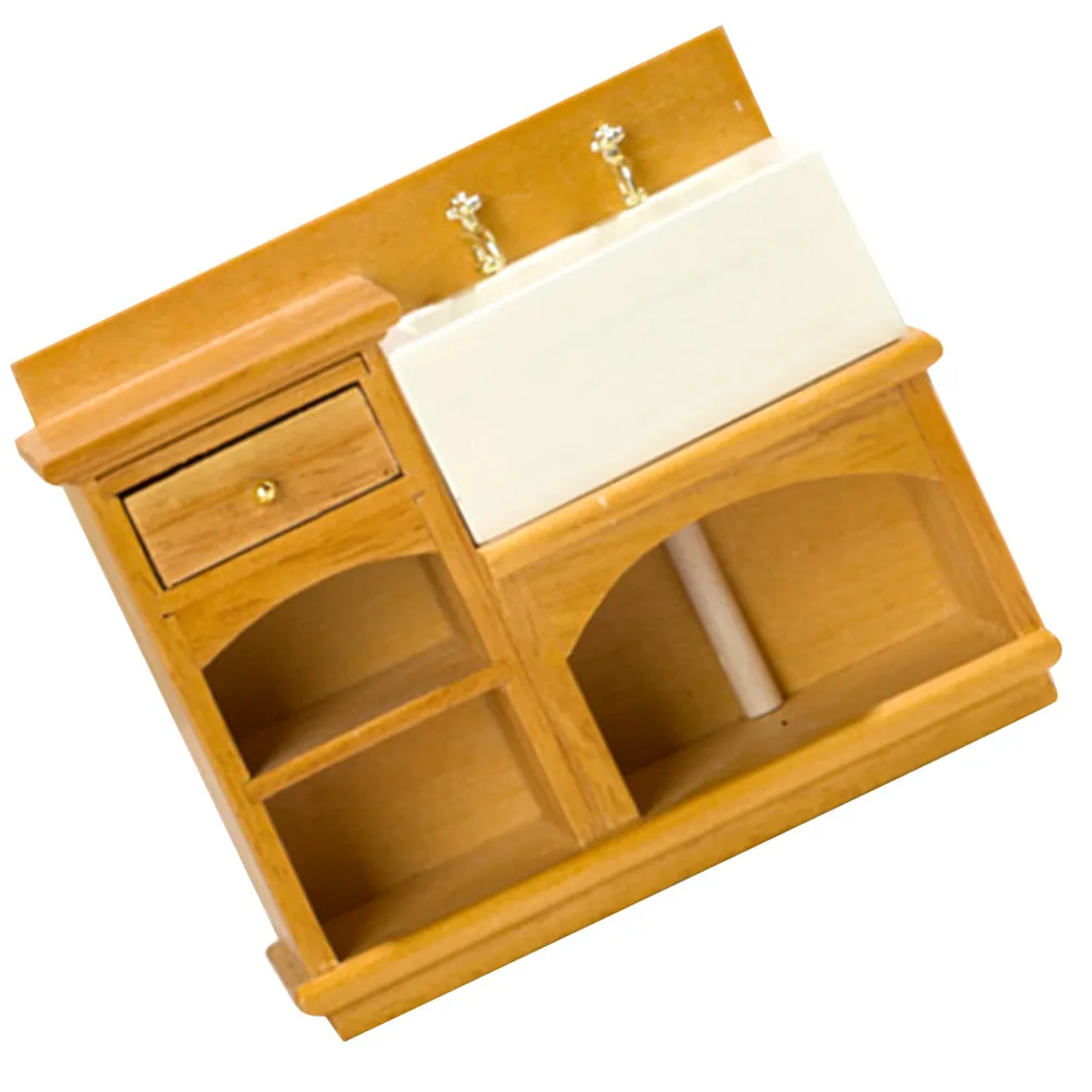 

Mini House Wood Bathroom Wash Basin Cabinet Decorative Miniature Furniture Accessory for Mini House Bathroom Scene Decor
