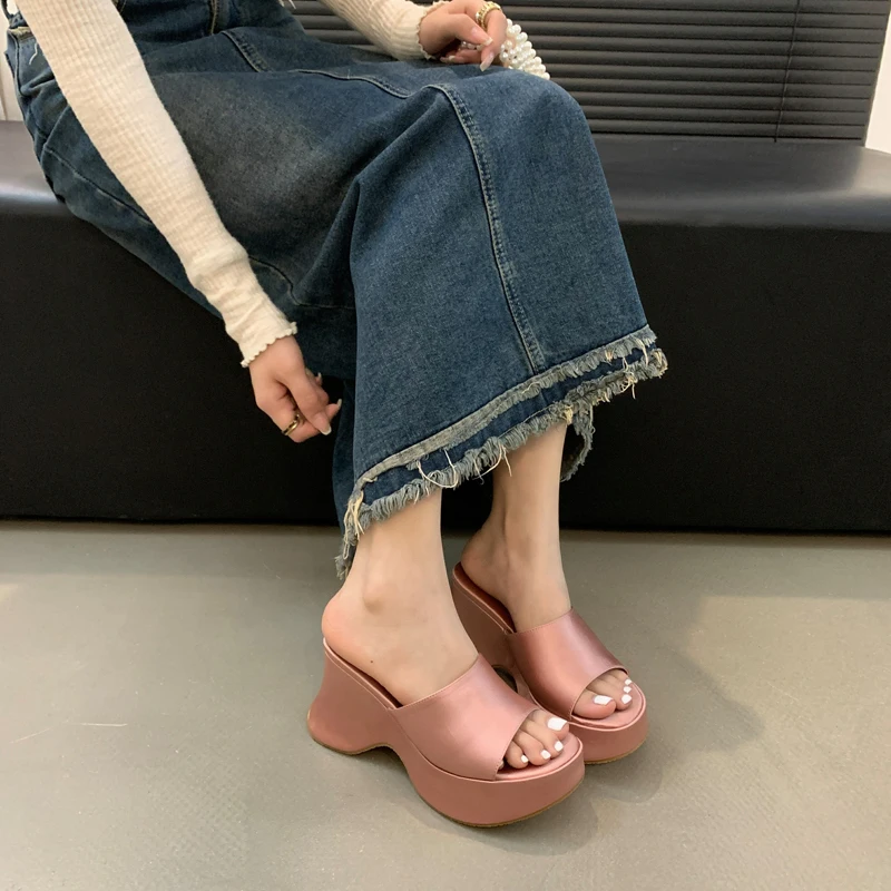 Pink Wedge Platform Sandals Women Heeled Slippers White Block High Heels Summer Ladies Shoes Leisure Sandalias De Mujer Verano