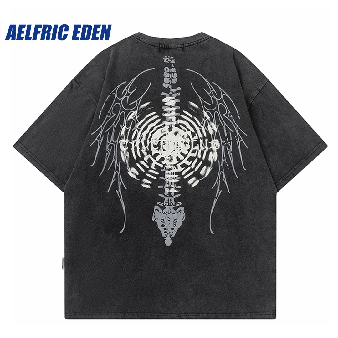 Hip Hop Streetwear Retro Washed T-Shirt Men Sketelon Wings Graphic T Shirt 2023 Summer Short Sleeve Tshirt Harajuku Cotton Tees