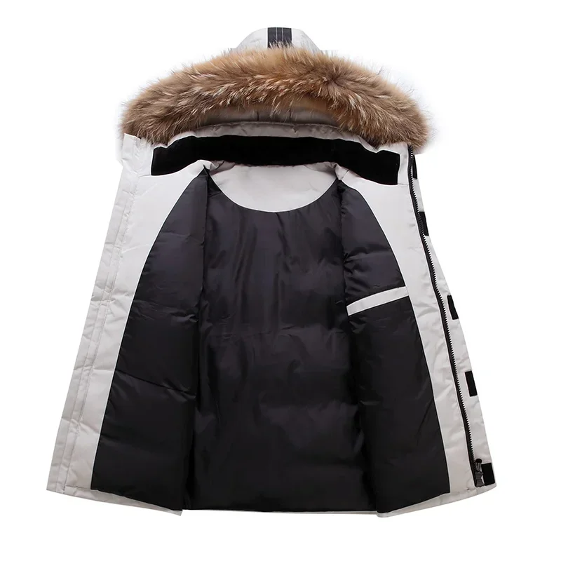 90% pato branco para baixo boné removível jaqueta térmica masculina grosso puffer jaqueta casaco de alta qualidade parka de inverno
