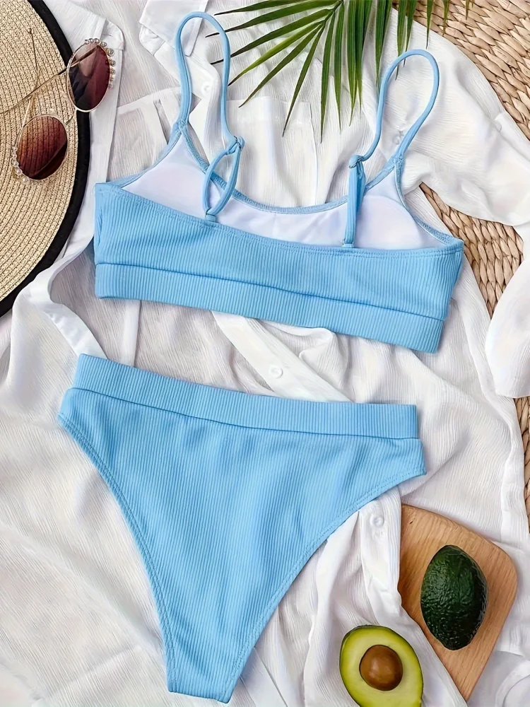 بيكيني النساء ملابس السباحة 2026 جديد الصلبة مضلع حبال البيكينيات مجموعة مثير عالية الخصر ملابس الصيف 2 قطعة شاطئ ثوب السباحة الإناث
