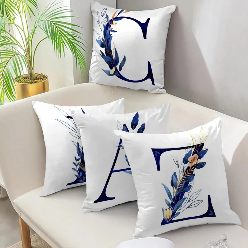 Funda de cojín con estampado de hojas azules, decoración de cintura para el hogar, sala de estar, sofá, coche, 45x45cm