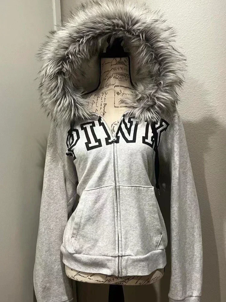 Retro Y2K fur patchwork hooded sweatshirt American letter print zipper hoodie women's oversized casual street versatile clothing