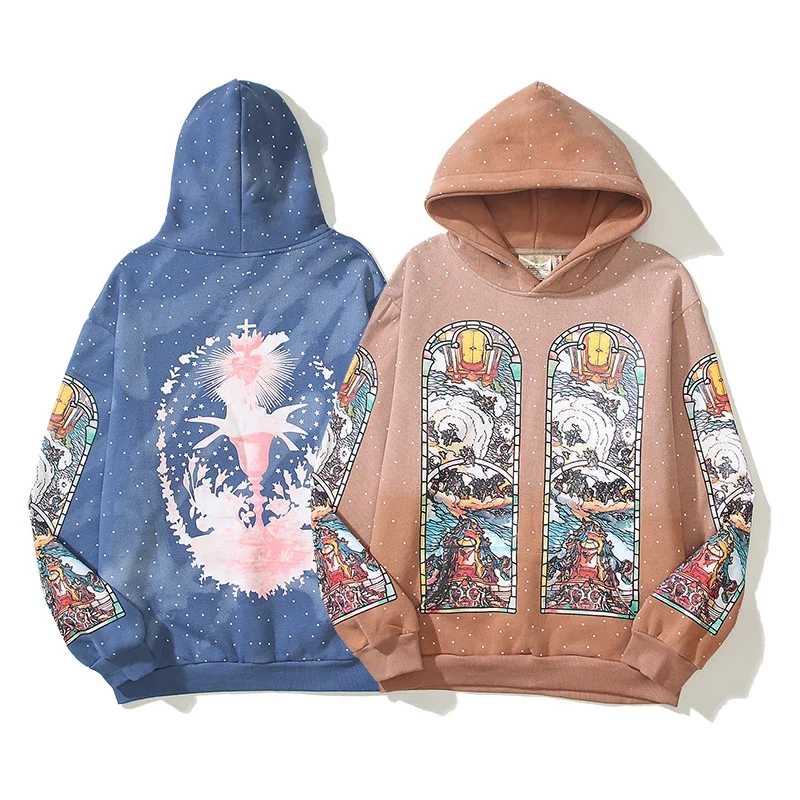 

Fleece Hoodies Vintage Oil Painted Pullover for Men and Women High Street Oversized Hooded Sweatshirts Baggy Sudadera