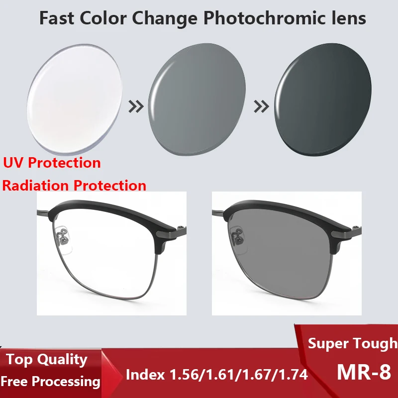 

MR-8 Super Tough Photochromic Optical Prescription Lens 1.61 1.67 1.74 Fast Color Change Transition Myopia Presbyopia Lenses