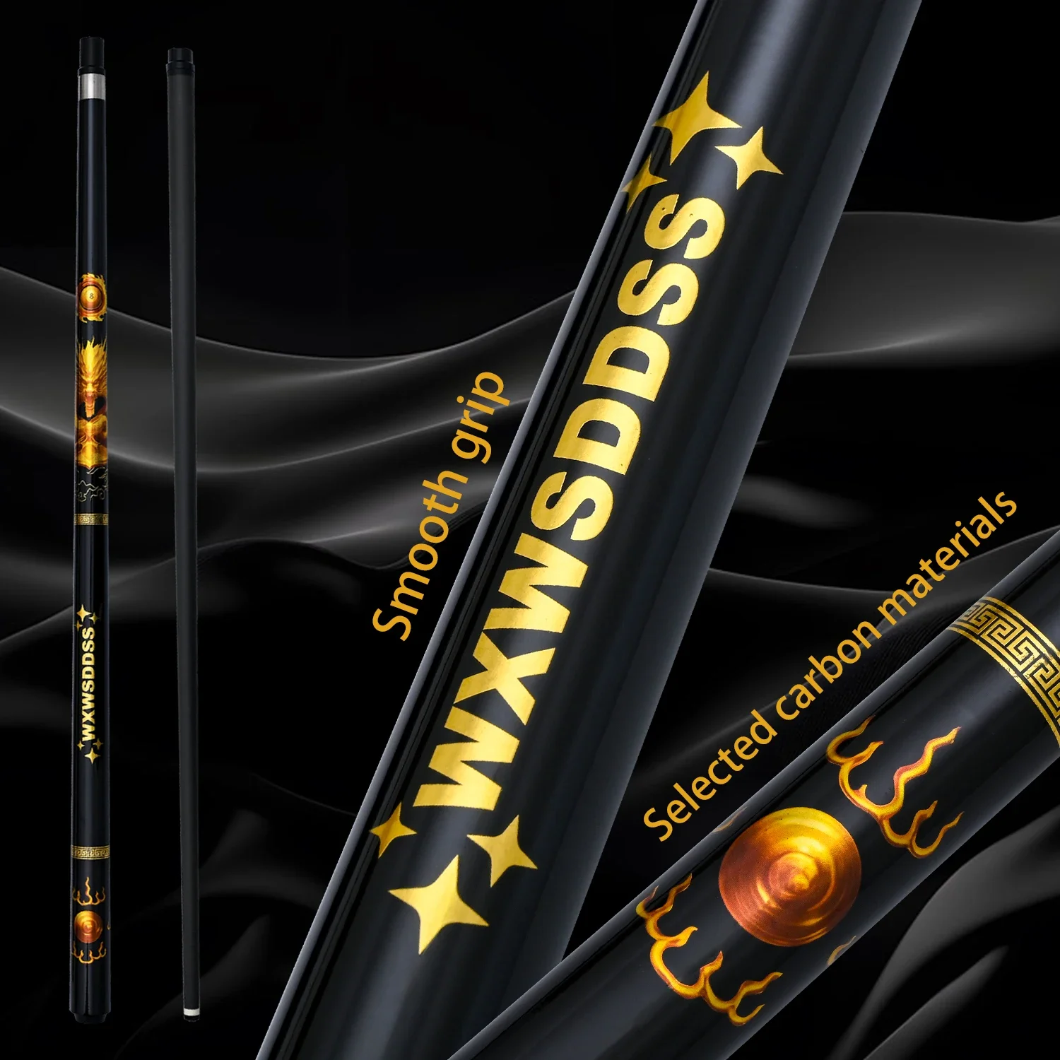 

12.5mm Chinese Golden Dragon Multi-Layer Tip Carbon Pool Cue with Threaded Bumper for Predator Extensions
