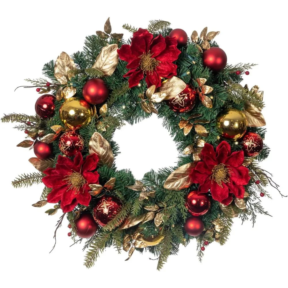 

30 Inch Artificial Christmas Wreath Golden Leaf Red Magnolia. Battery Powered Pre Lit 50 LED Lights