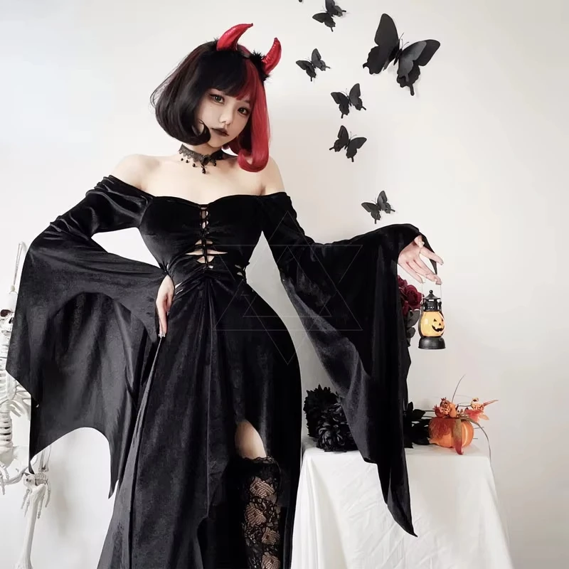 Disfraz de Halloween para mujer, juego de rol de Anime, vestido negro, bruja, vampiro, negro, un hombro, manga trompeta, falda larga, ropa de novia