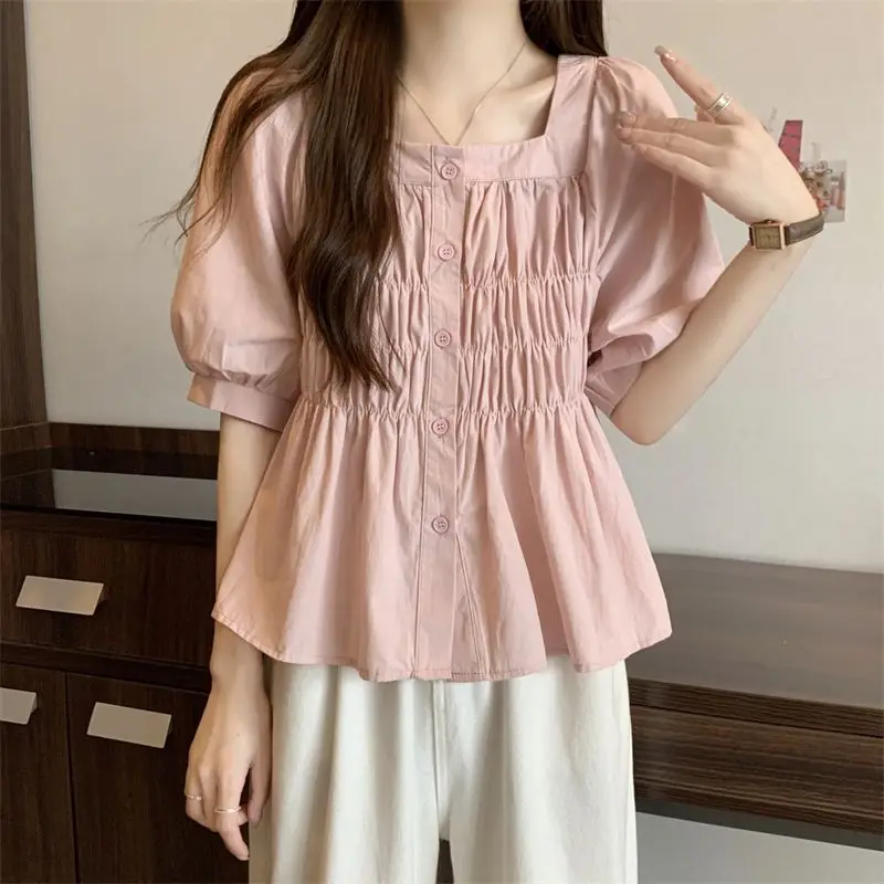 Gentle French Style Square Collar Blouse Female Clothing Solid Color Basic Summer Elegant Puff Sleeve Fashionable Folds Shirts