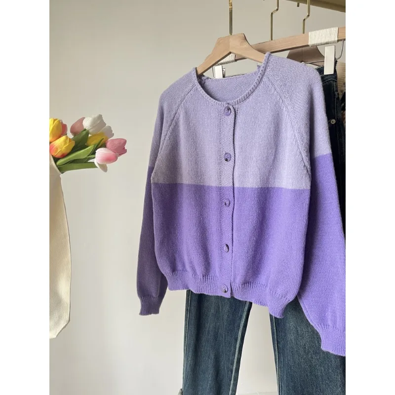 

Korean Contrasting Knit Cardigan Autumn Winter Women's Retro Trendy Loose Top Versatile Single Breasted Sweater Jacket
