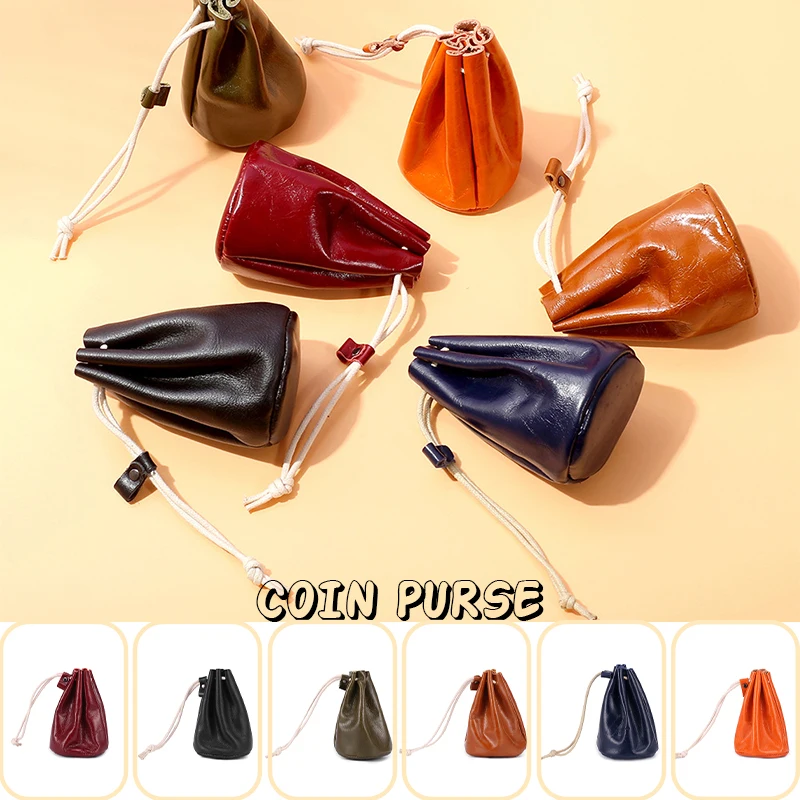 

Vintage Oil Wax Leather Coin Purse Men Women Vintage Cowhide Leather Drawstring Wallet Coin Purse Money Pocket Pouch