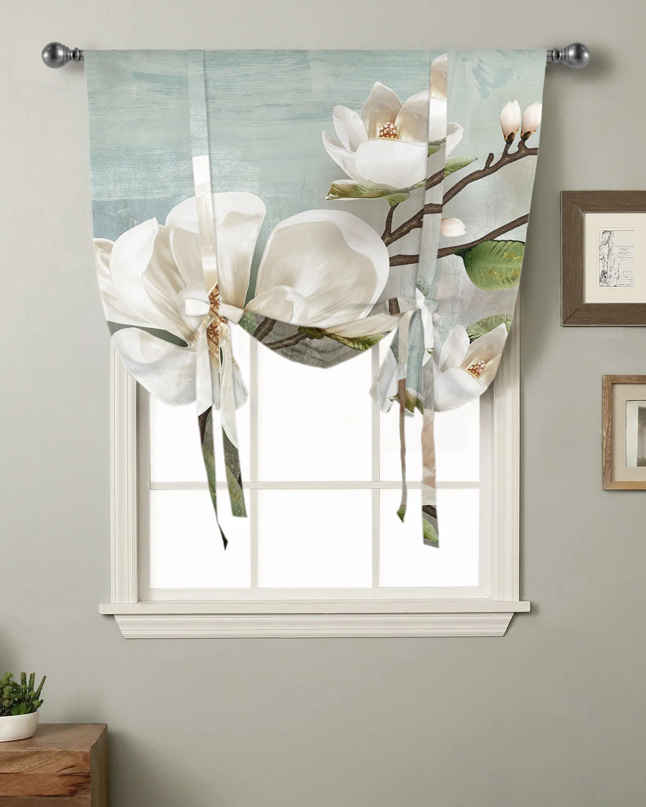 

Idyllic White Flowers Vintage Kitchen Short Window Curtain Rod Pocket Curtains Home Decor Small Window Roman Tie Up Curtains