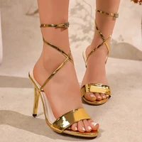 Women Leopard Print Stiletto High Heel Sandals Metallic Gold Cross Ankle Strap Open Toe Party Evening Dress Heels 4