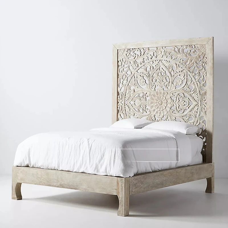 Hollow carved and distressed high back double bed, retro and nostalgic