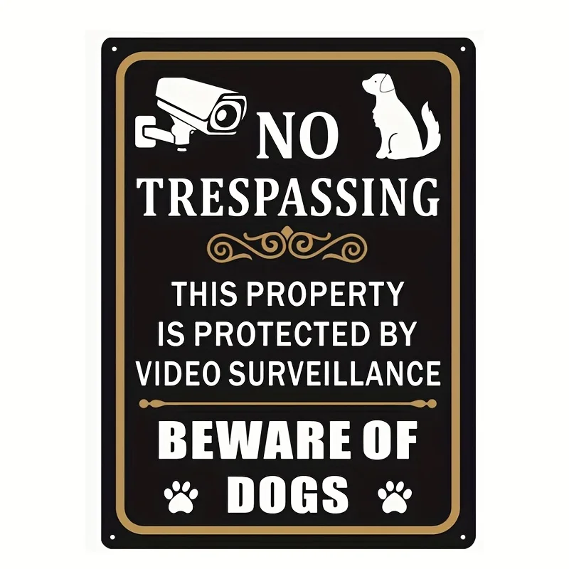 , High Visibility No Trespassing,Beware of Dogs Metal Sign - Black with Golden Border, Easy to Install, Durable Iron, Outdoor