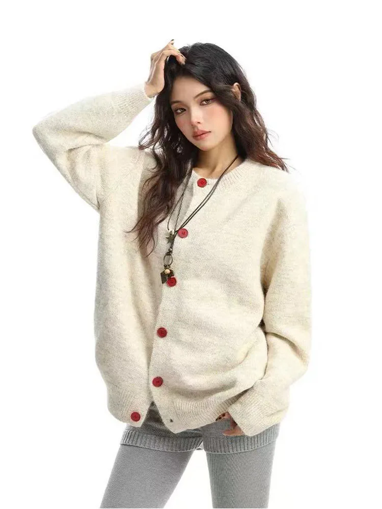 Autumn Patchwork Knit Cardigan Sweater Women Y2K Korean Loose Single Breasted O Neck Jumper Soft Comfortable All Match Knitwear