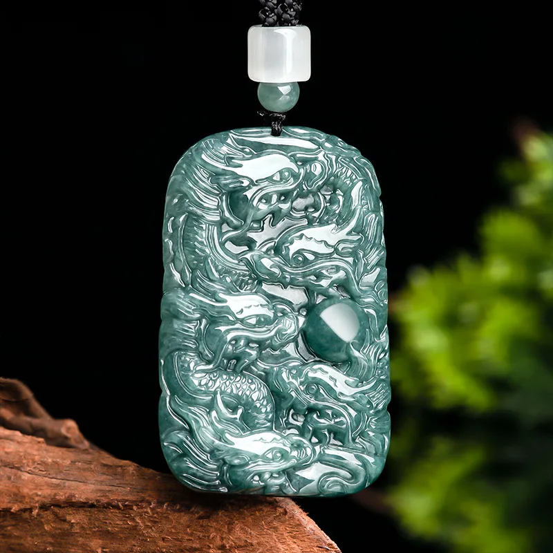 

Natural Real Emerald Blue Water Chinese Zodiac Dragon Pendant Myanmar Jadeite Necklace Jewelry Charm Designer Luxury Vintage