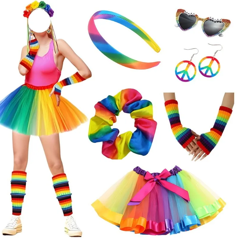 

Harajuku Style Cosplay Costume Colorful Rainbow Wig Tutu Skirt Socks Accessories Suit for Women Girls Carnival Party Dress up