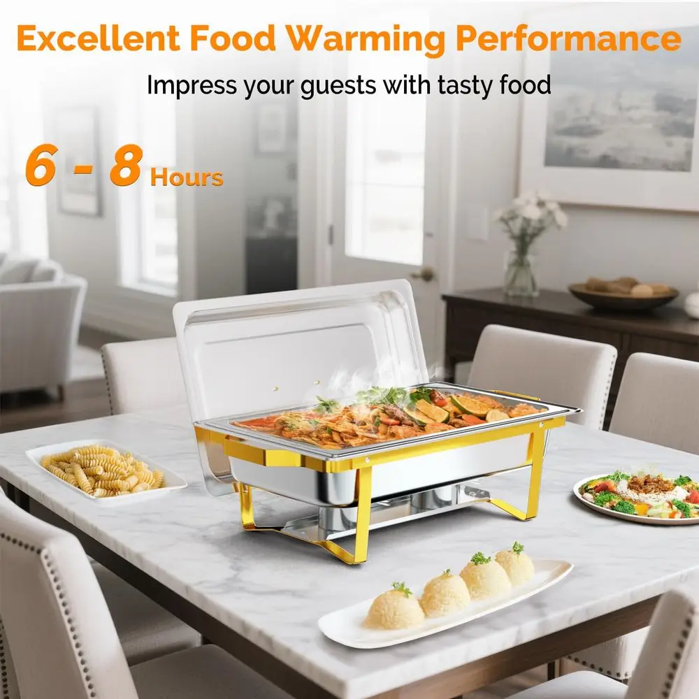 

Chafing Dishes for Buffet 8 Pack, 9QT Chafing Dishes Elegant Gold amp Silver with RolledEdge Design, Catering Chafer Warmer Set