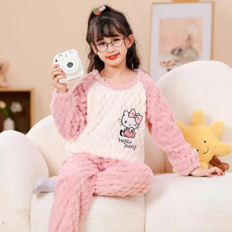 New Sanrios Winter Girl Flannel Pajamas Velvet Thicken Hello Kittys Coral Fleece Cartoon Lounge Clothes Suit Can Be Worn Outside