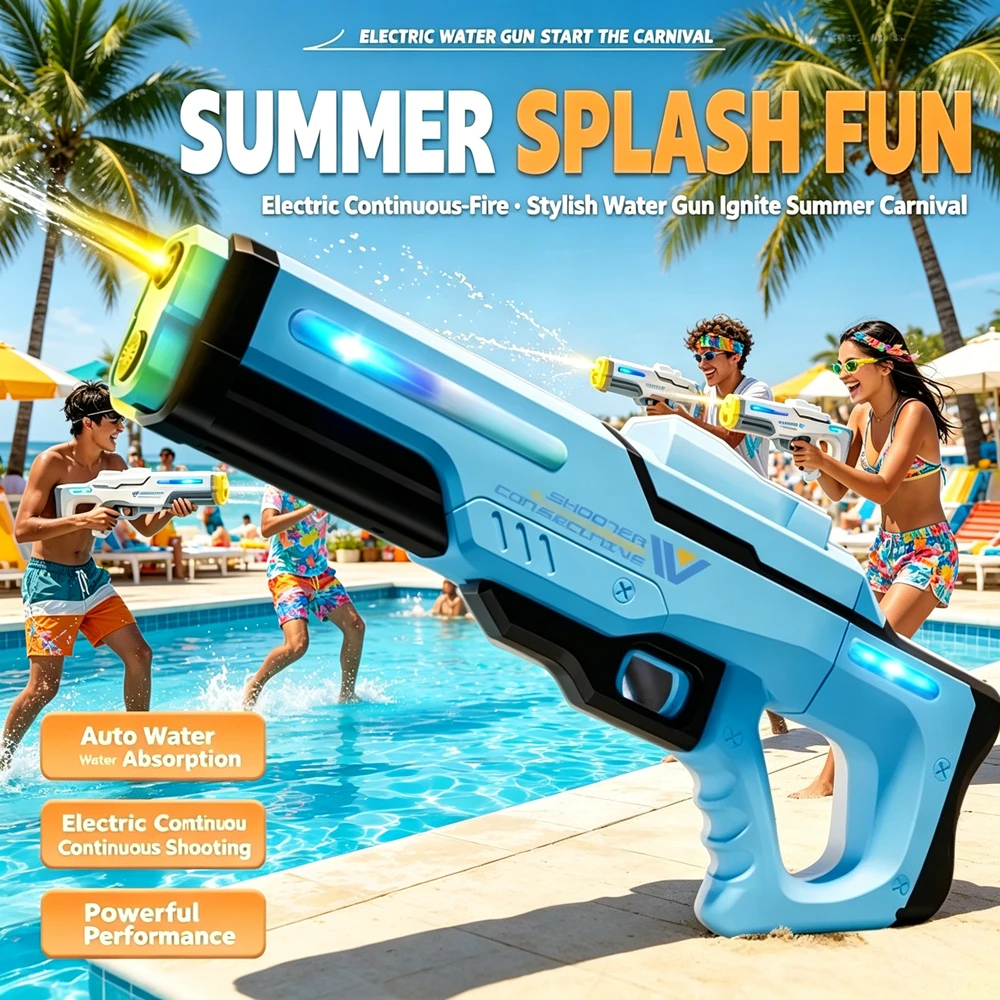 Electric Automatic High-Pressure Water Gun Toy with LED Light Summer Outdoor Beach Pool Party Water Fight Game Toy for Kids