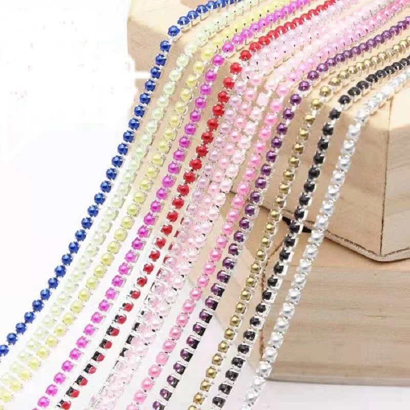 2mm 2.5mm 1yard/Piece 12Colors  Colorful Pearl Claw Chain,Silvery Bottom Sew on Cup Chains For Diy Garment Bags Decorations