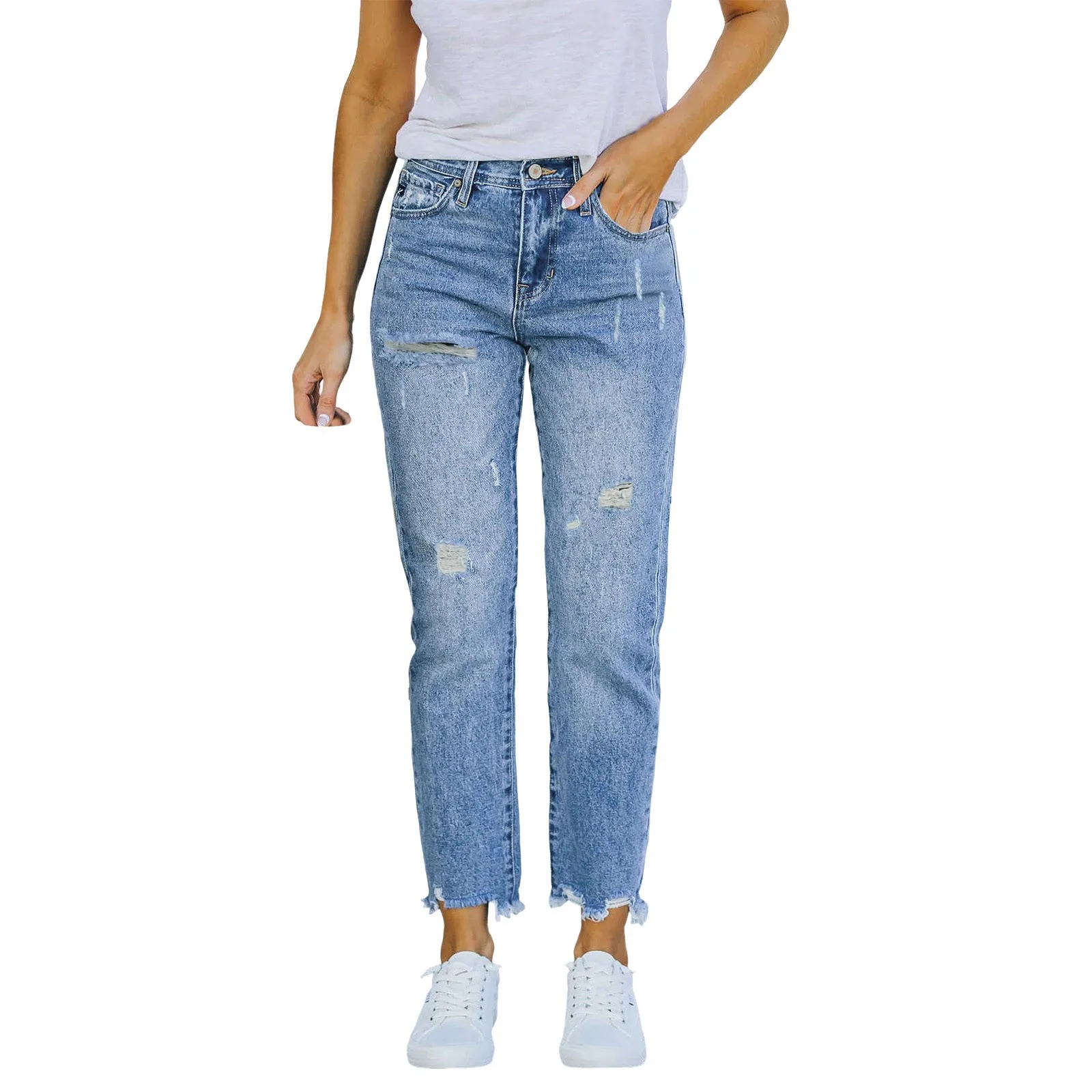 Damenmode zerrissene Jeans Casual Wash Wash Farbe kleine Füße Street Style Hosen Stretch Slim Bleistift hosen alle passen zu Jeans