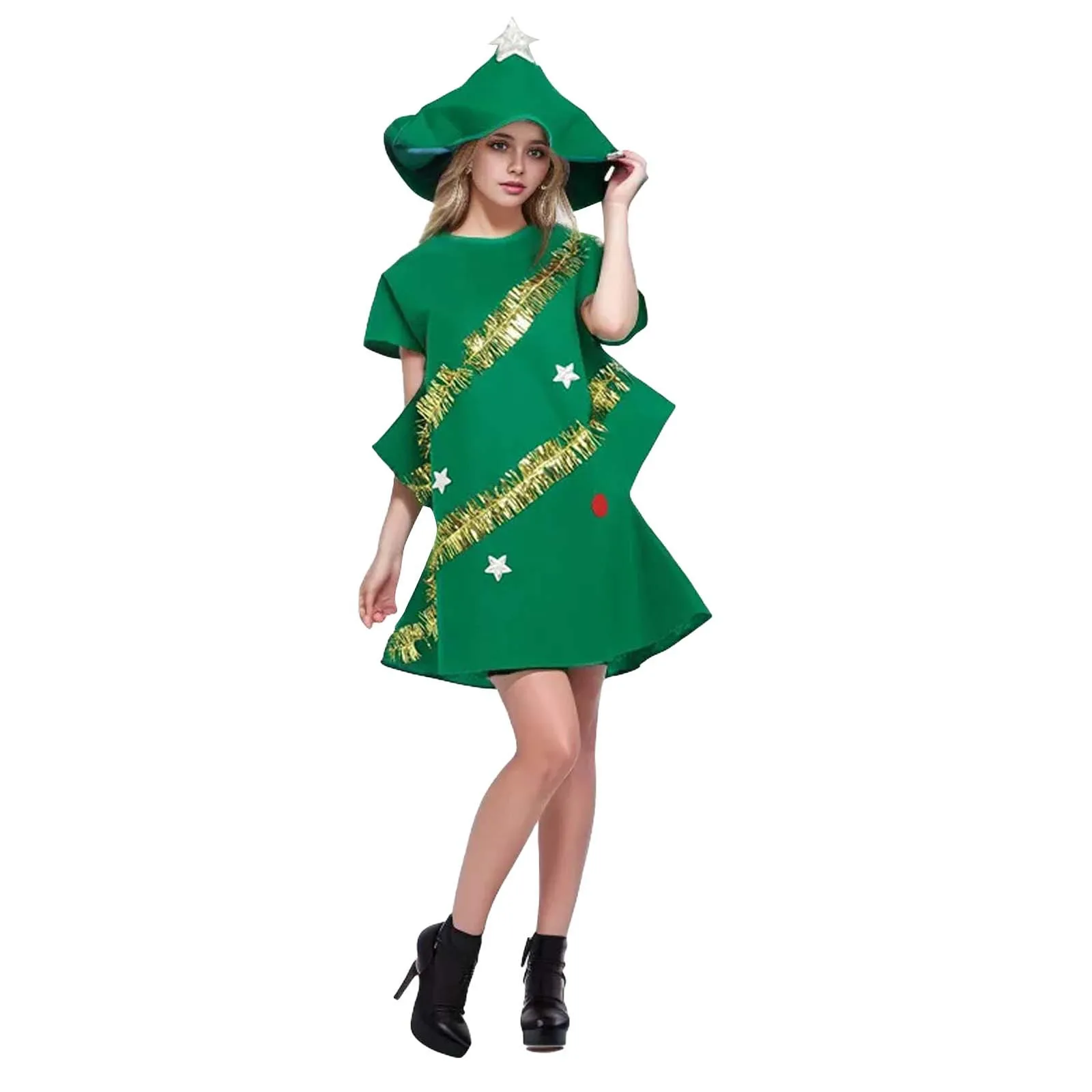 

Women's Christmas Tree Costume Cosplay Party Dress Short Sleeve Shiny Dot Xmas Tree Fancy Hooded Dress Novelty Quirky Style Wear