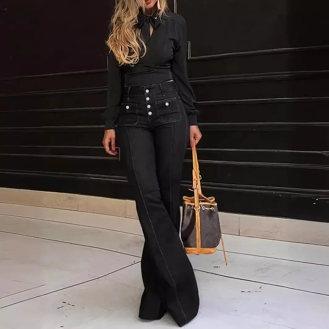 Slim Fit American Retro Patchwork Denim Jeans Women's Spring Summer New Style Elastic Flared Pants Casual Female Wear