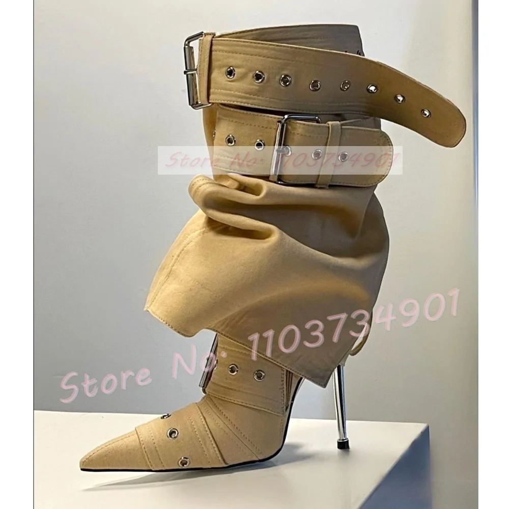 

Tan Multi Belt Buckle Mid Calf Boots Women Sexy Pointy Toe Metal High Heels Foldover Shoes Ladies Novelty British Style Boots