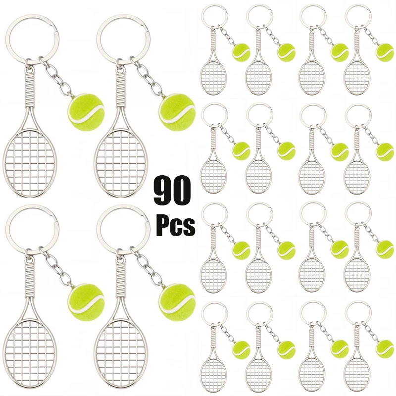 90Pcs Sports Tennis Key Chains, 3D Tiny Tennis Ball & Metal Racket Pendant Keyring, Athletic Gift Accessories for Bag Keys