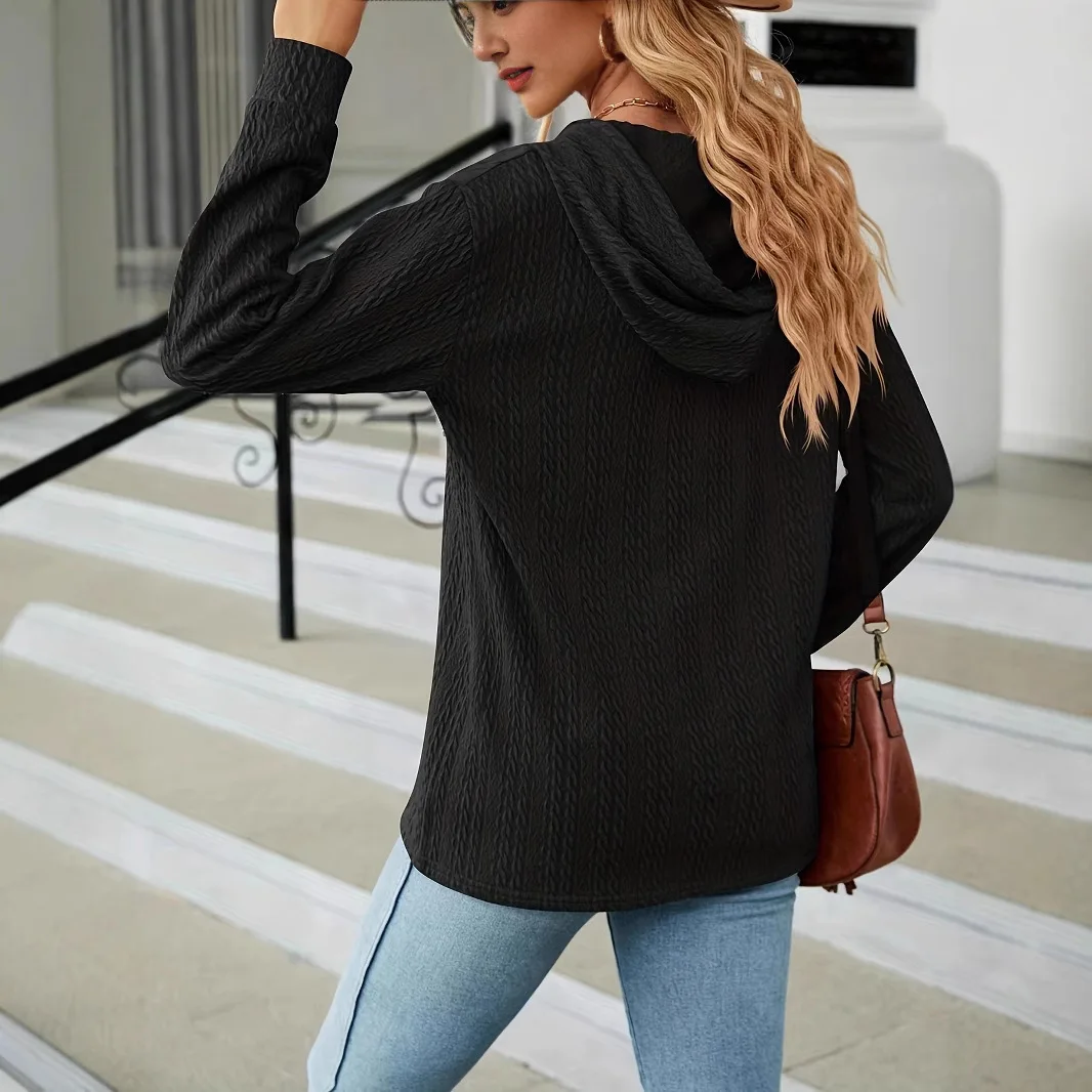 Women's Textured Knit Half Button Hoodie Long Sleeve Drawstring Pullover Top for Autumn Casual and Daily Wear