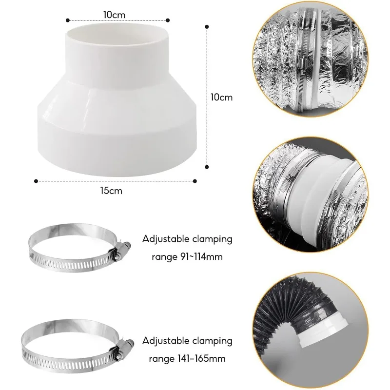 Ventilation Pipe Fittings Reducer Adapter 150-100Stainless Hose Clips(91-114mm,141-165mm