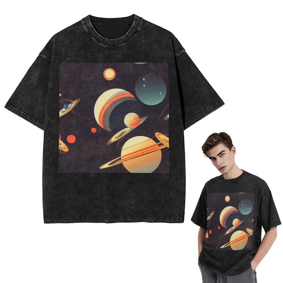

Streetwear T-Shirts Vintage Retro Astronomy Illustration Washed T Shirt Short Sleeve Hip Hop T-Shirt Tops Tees for Men Women