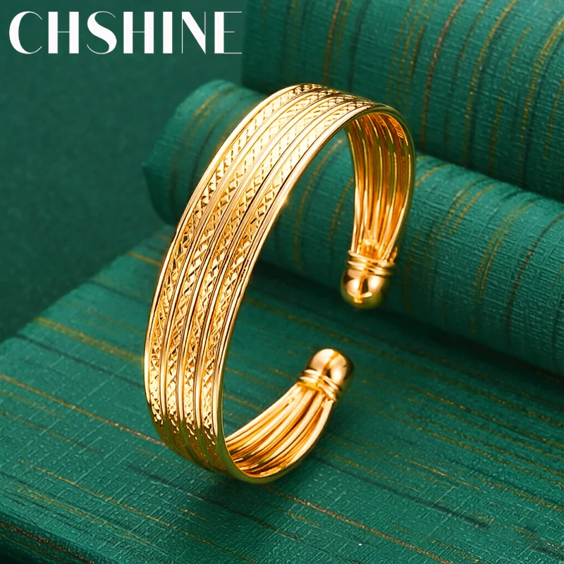 925 Sterling Silver 18K Gold Multi Layer Textured Open Bangle for Women Fashion Wedding Party Jewelry