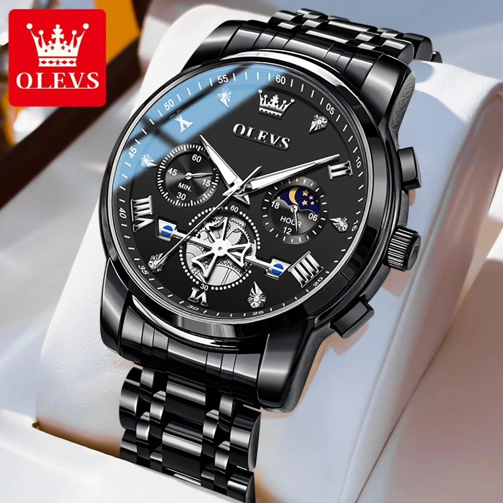 

OLEVS 2856, мужские часы, новая горячая распродажа, дизайн маховика, циферблат, фаза Луны, хронограф, водонепроницаемые кварцевые часы из нержавеющей стали для мужчин