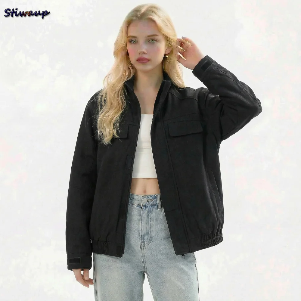 

Spring Vintage Canvas Blue Woman Work Jacket Black American Retro Men Heavy-Duty Bomber Coat Outdoor Unisex Chic New Outerwear