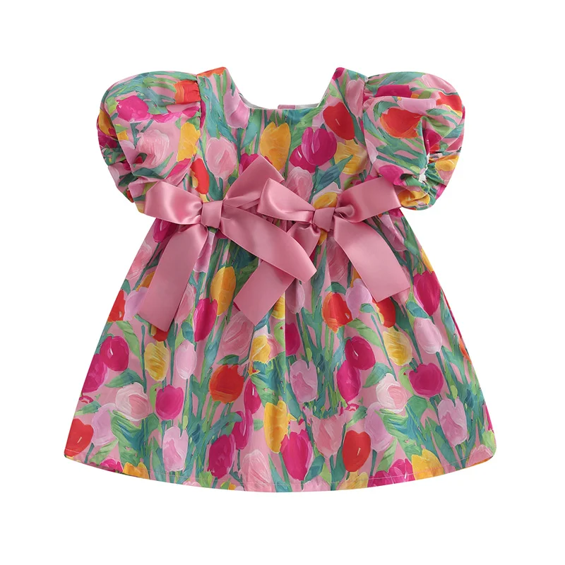 

Cathery Kids Baby Girls Dress Short Sleeve Square Neck Front Bow Floral Print Loose Dress Toddler Casual Dress Girls Dresses