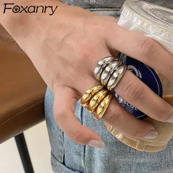 Foxanry Silver Color Smooth Multilayer Ring For Women Couple Exaggerated Creative Design Hip Hop Simple Daily Party Jewelry Gift